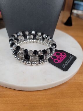 paparazzi Black and Silver Layered Beaded Coil Bracelet